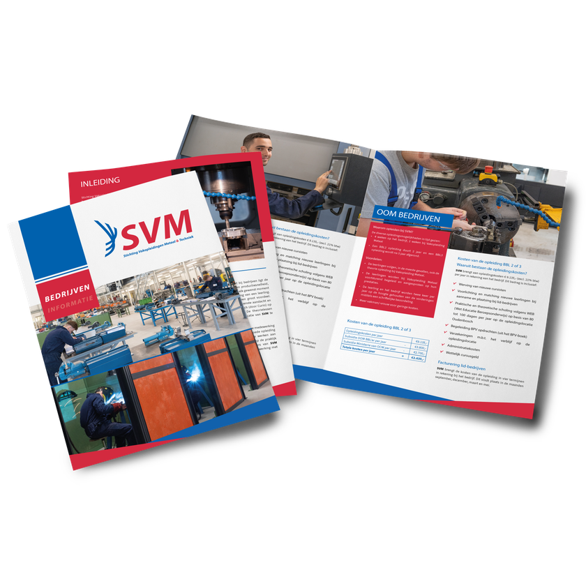 Een drievoudige bedrijfsbrochure van SVM met een overzicht van industriële machines, metaalbewerking en productiediensten.