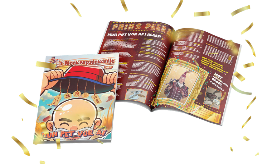Een promotiebrochure en tijdschriftpagina met een stripfiguur op de cover, omringd door dwarrelende gouden confetti.