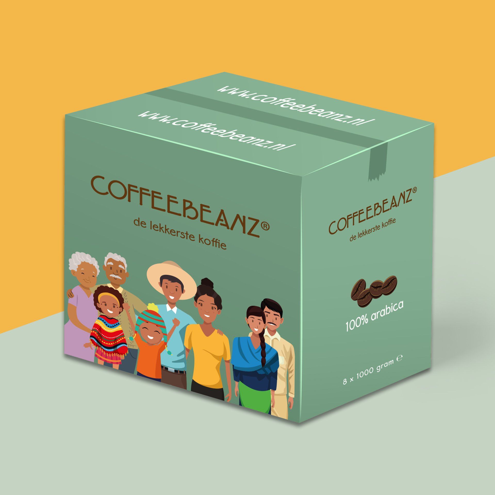 Een doos koffiebonen met een groep mensen erop