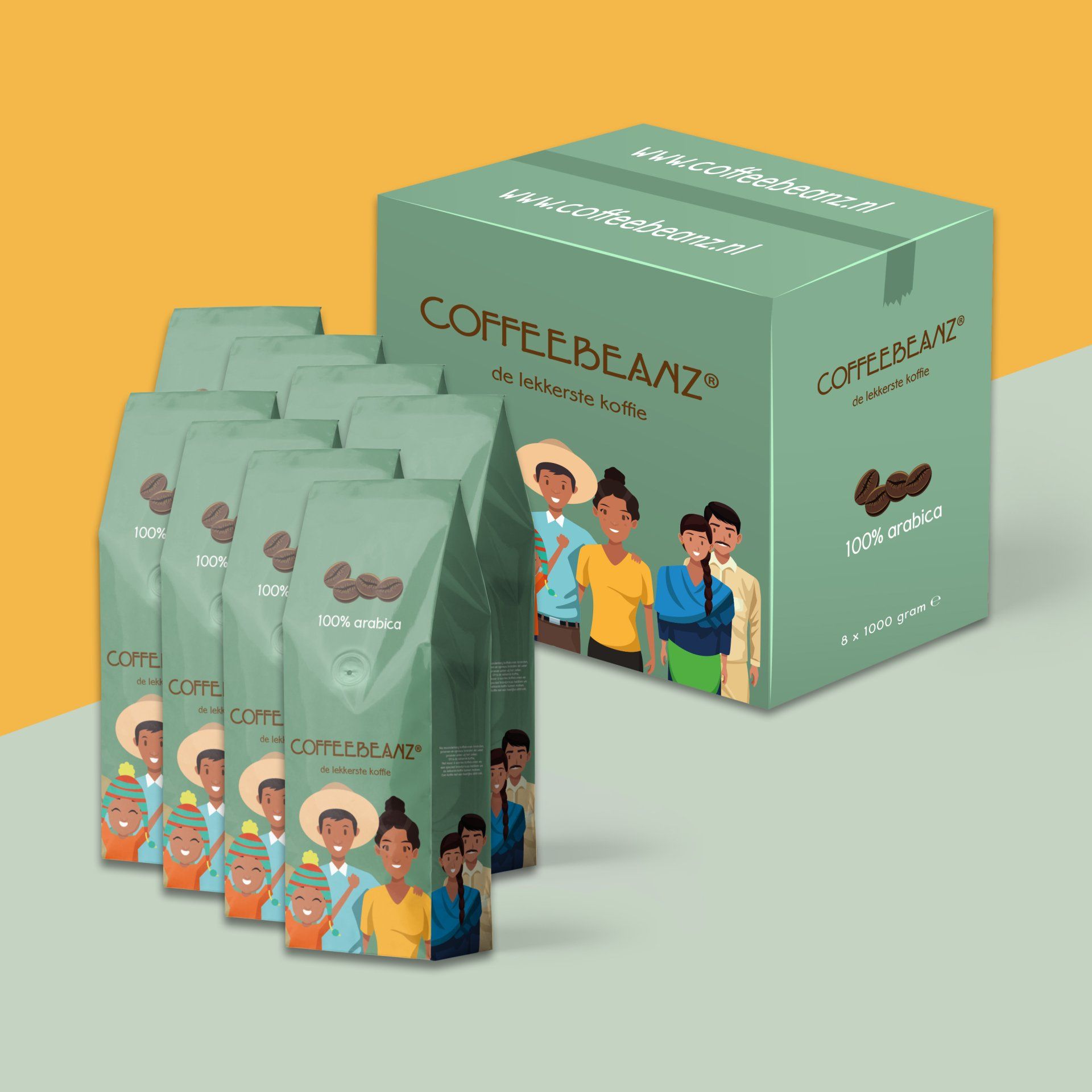 Een doos koffiebonen met een groep mensen erop