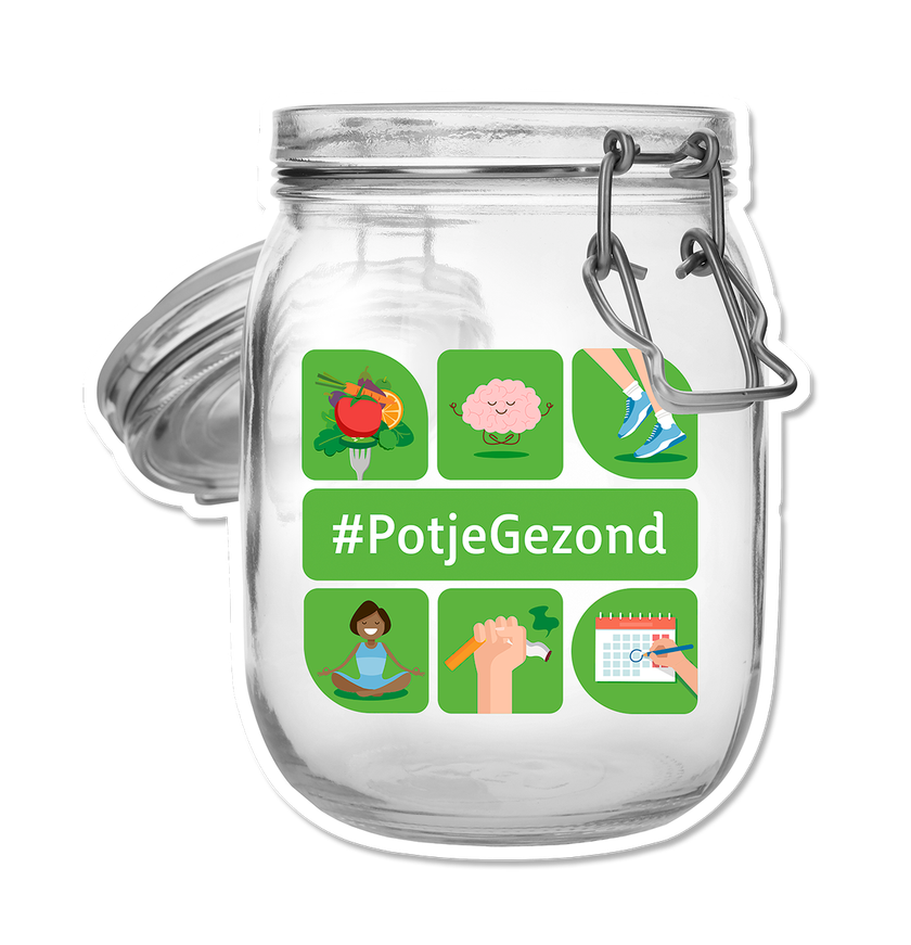Een glazen voorraadpot met een etiket met de hashtag #PotjeGezond en zes groene vierkantjes.
