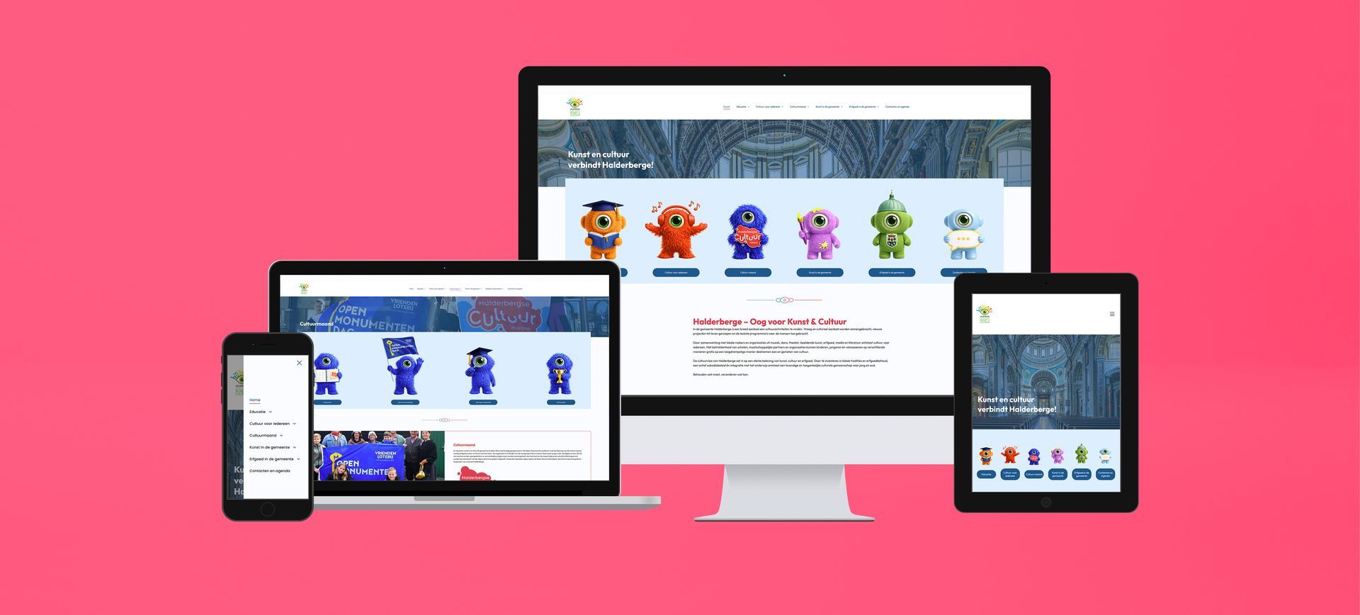 Een websiteontwerp dat wordt weergegeven op een smartphone, laptop, desktopmonitor en tablet.