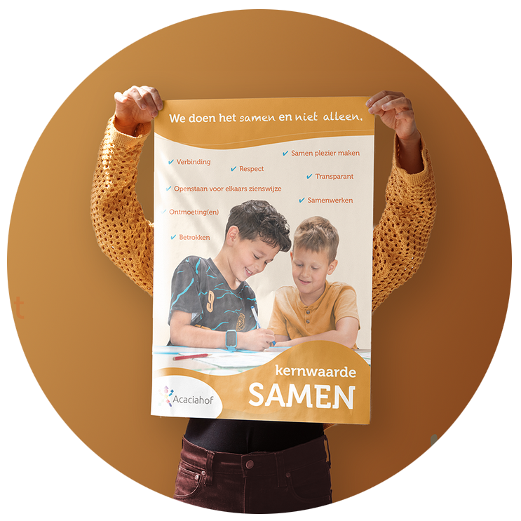 Iemand houdt een poster vast waarop de kernwaarden voor samenwerking staan, met als thema 