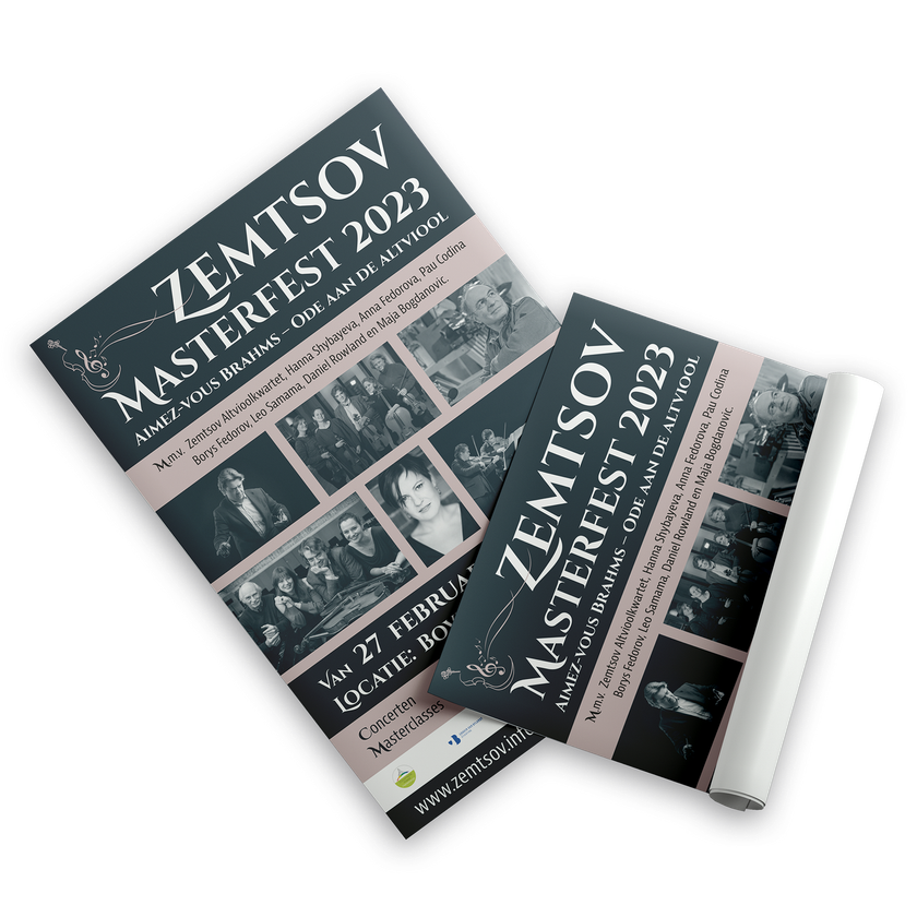 Twee flyers voor Zemtsov Masterfest 2023, met foto's van muzikanten en evenementdetails op een donkere achtergrond.