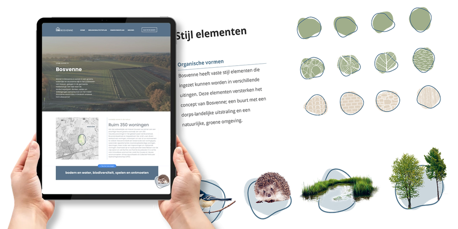  een tablet waarop een website te zien is, samen met illustraties van bomen, een egel en een landschap.