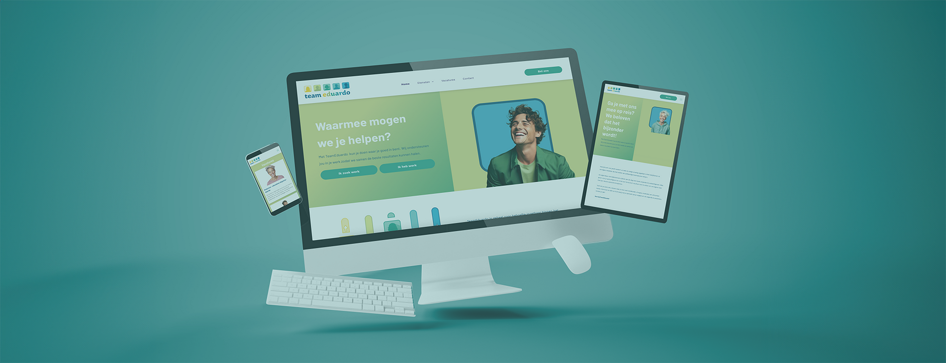 Een computer, tablet en telefoon zweven in de lucht.