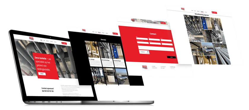 Vier schermen tonen een website-interface met industriële afbeeldingen en opvallende rode tekst