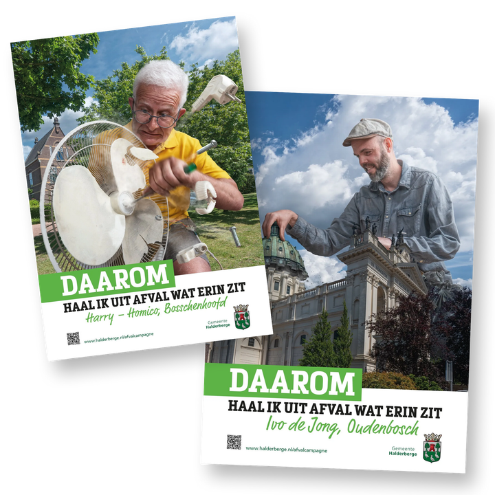 Twee posters tonen mensen die afval demonteren of inspecteren, ter bevordering van het bewustzijn over recycling.