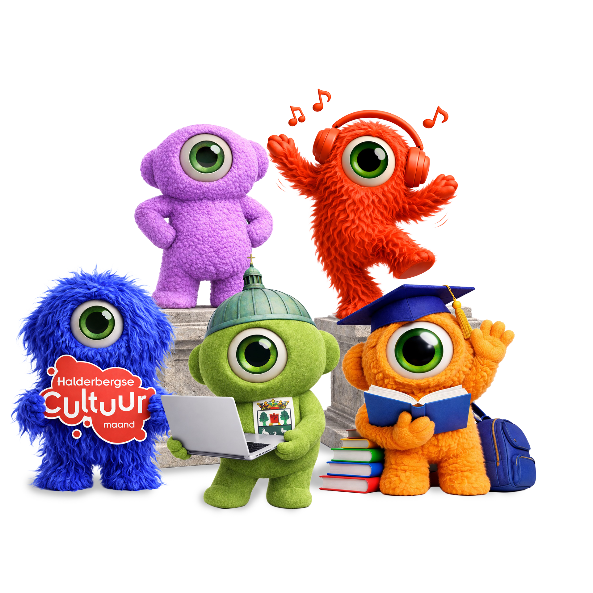 Vijf pluizige, eenogige monsters. Eén luistert muziek, één houdt bord vast, één gebruikt laptop en één draagt ​​een hoed.