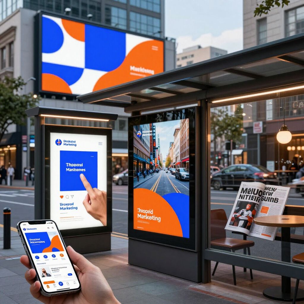 Een hand houdt een smartphone vast waarop een socialemediafeed te zien is, vlakbij een bushalte met digitale reclameschermen.