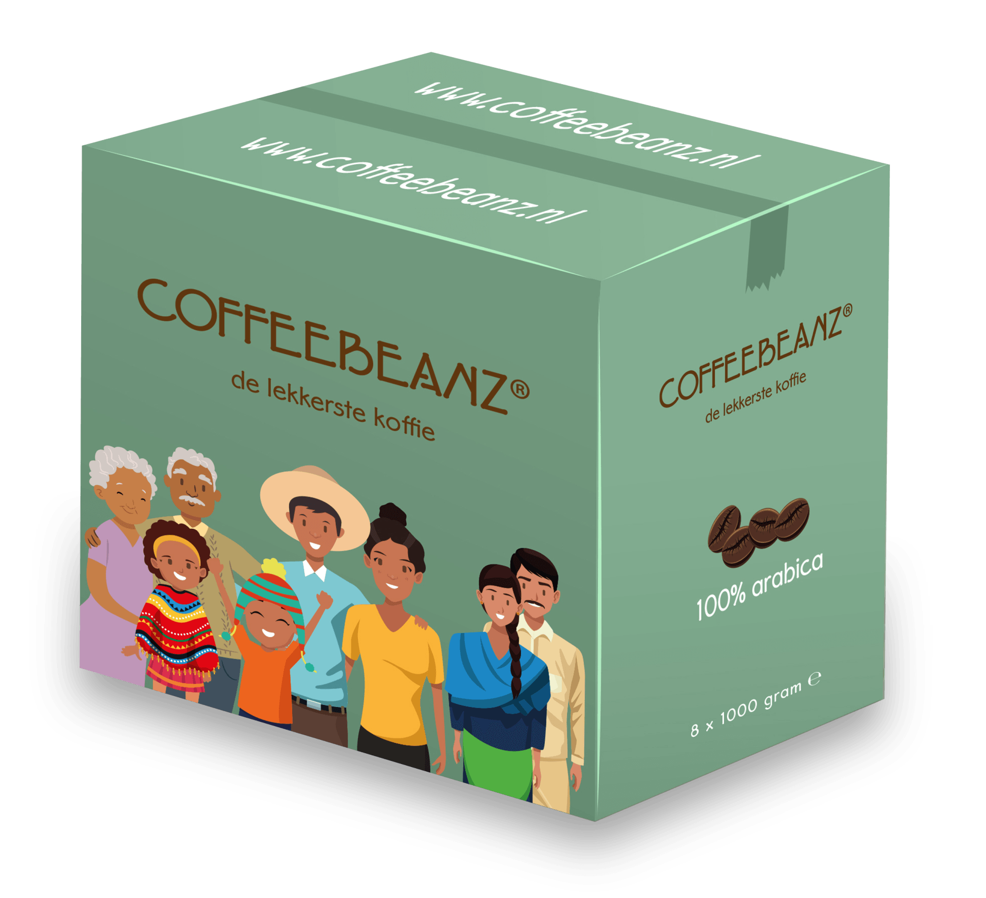 Een lichtgroene kartonnen doos met het opschrift 