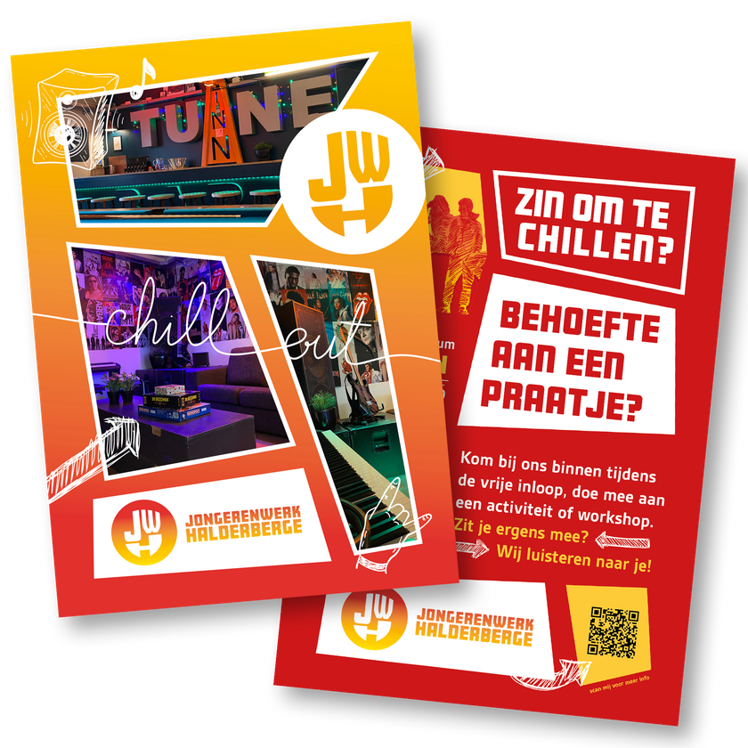Een promotieflyer voor Jongerenwerk Halderberge met foto's van een jongerenlounge