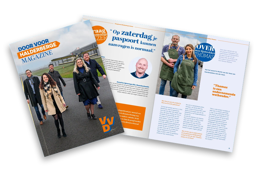 Een artikel in het tijdschrift VVD met op de cover een groep mensen, en binnenin een interview met foto's.