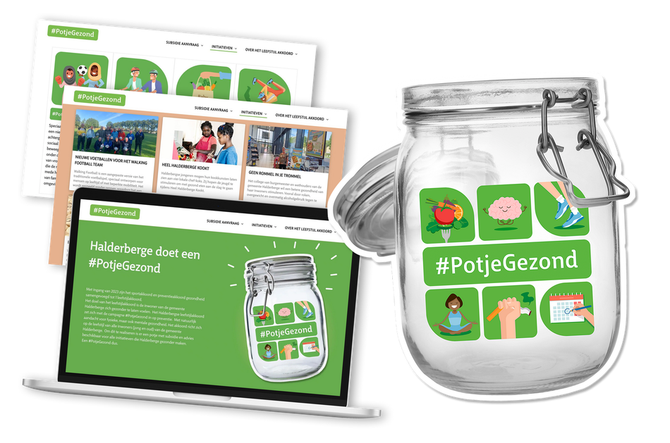 Een laptop met een website over #PotjeGezond naast een pot met het opschrift #PotjeGezond 