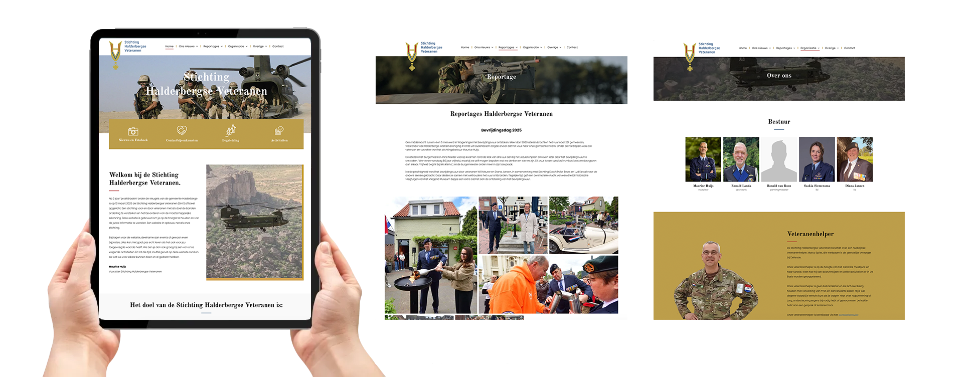 Een persoon houdt een tablet vast met daarop een website.