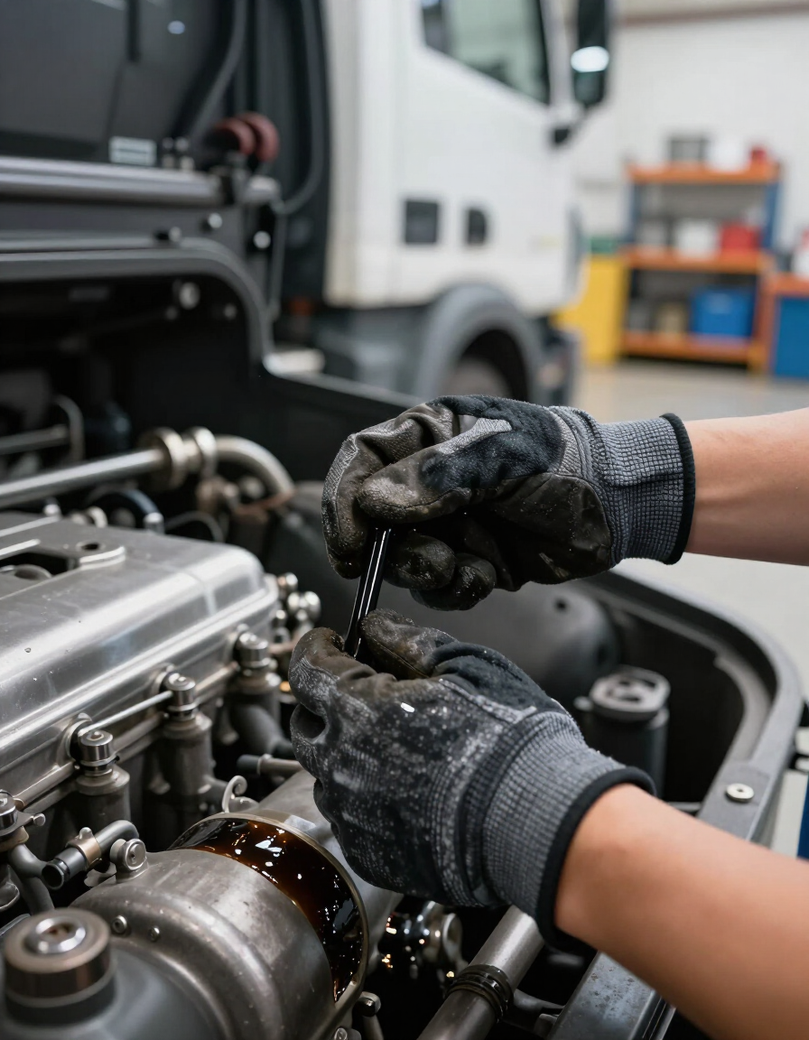Mechanic checking engine oil on a heavy diesel truck