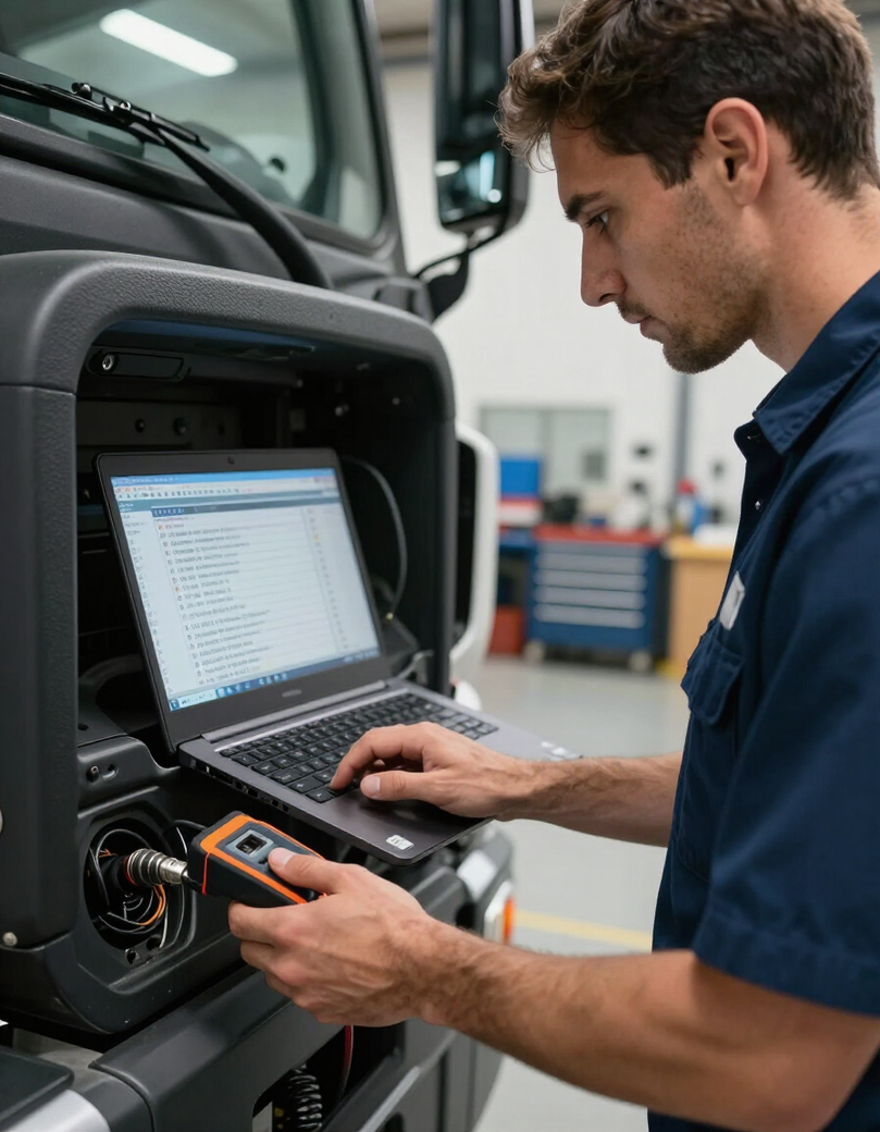 Technician using laptop diagnostic tool on a truck