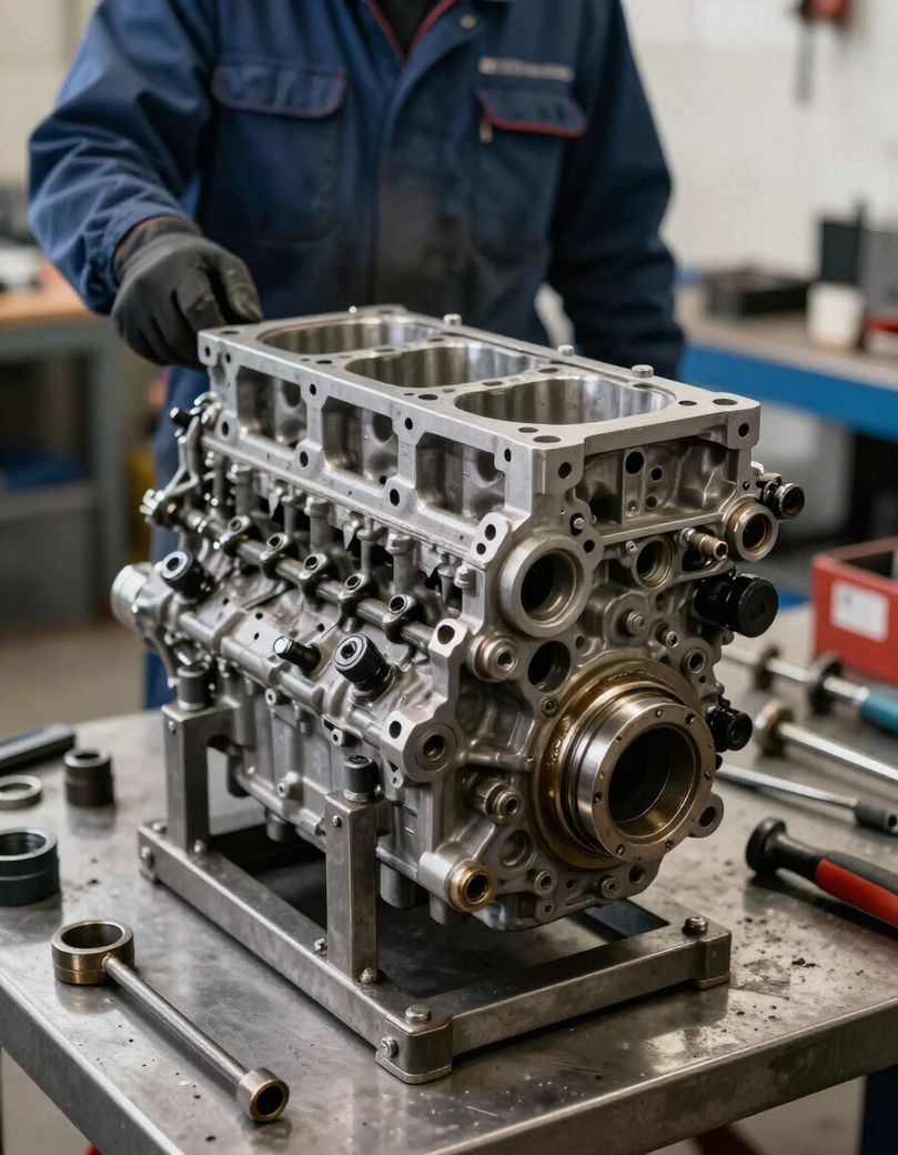Diesel engine block dismantled on workshop stand