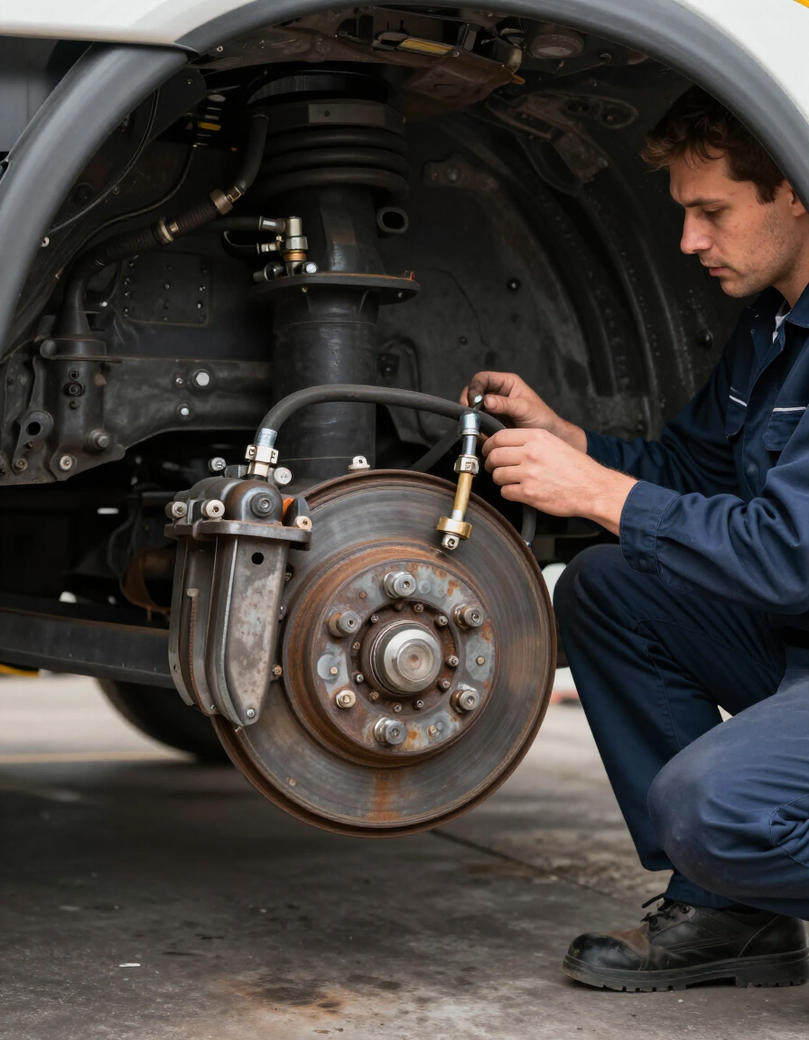 Mechanic inspecting semi-trailer air brake lines underneath