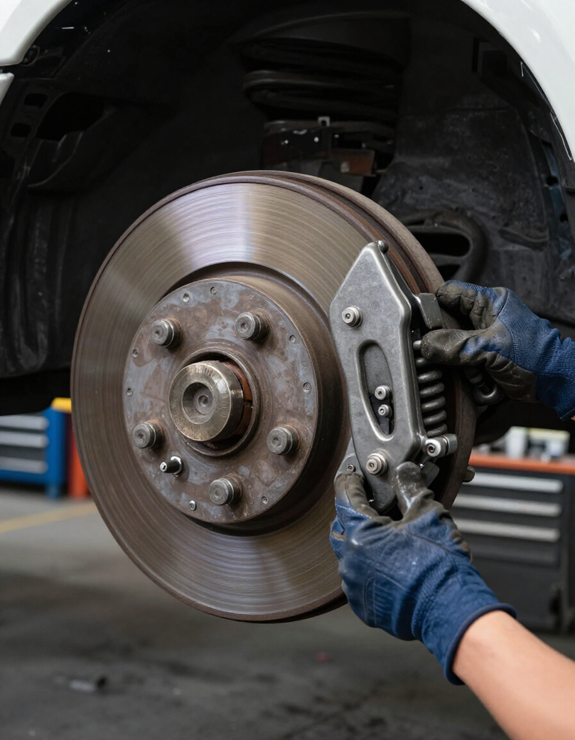 Heavy truck drum brake assembly being inspected
