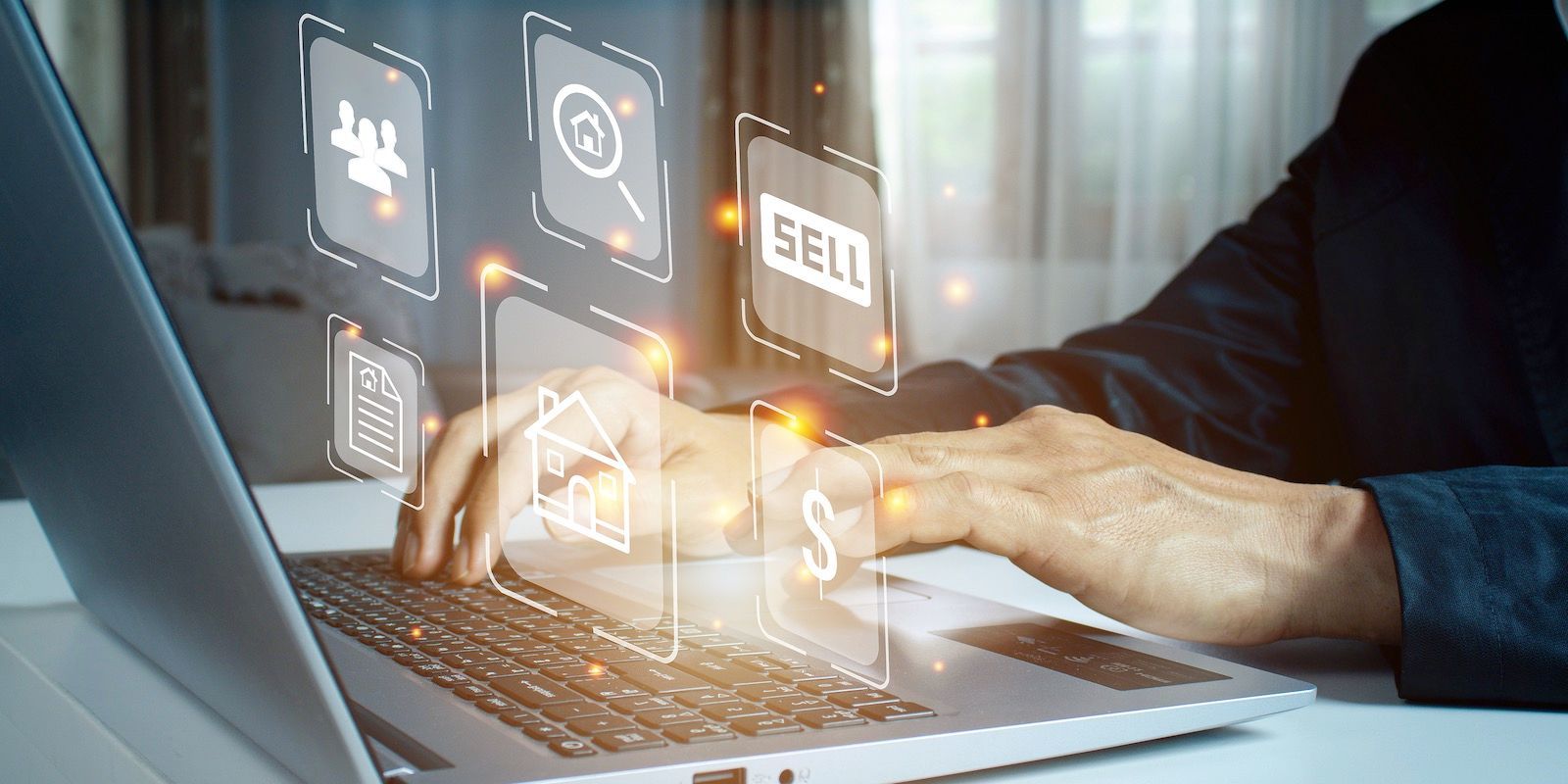 Person using a laptop with digital icons related to real estate, like 'sell' and house search.