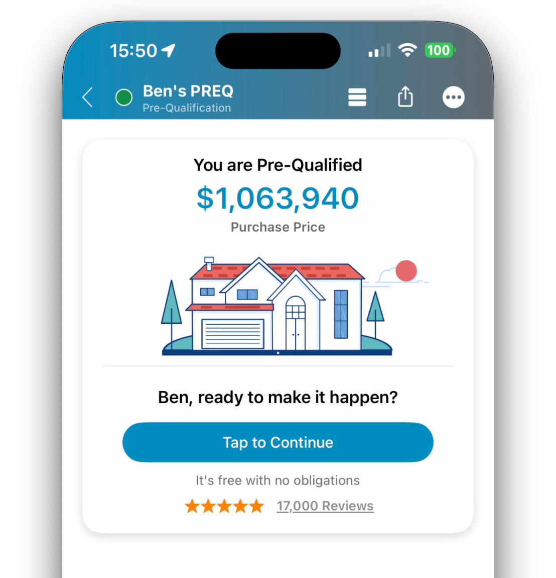 Mobile app screen showing a pre-qualification for a home purchase of $1,063,940 with a button to continue.