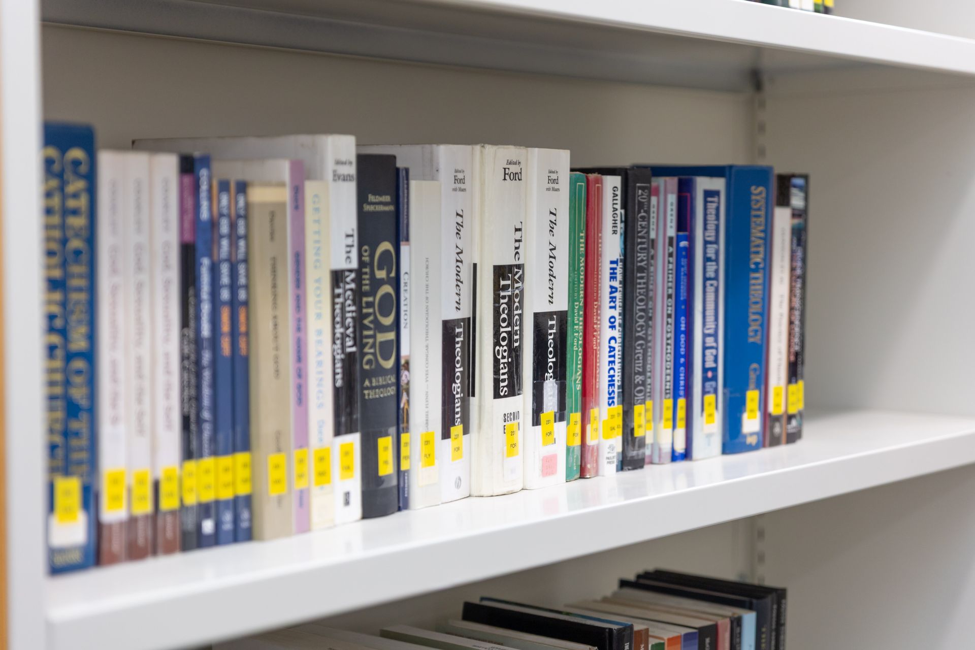 Shelf of assorted books and manuals with white, blue, and gray spines on a white bookshelf