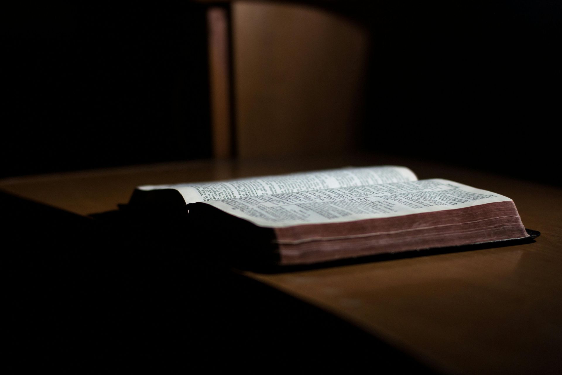 Open book on a dark wooden table, lit by a soft beam in a dim room