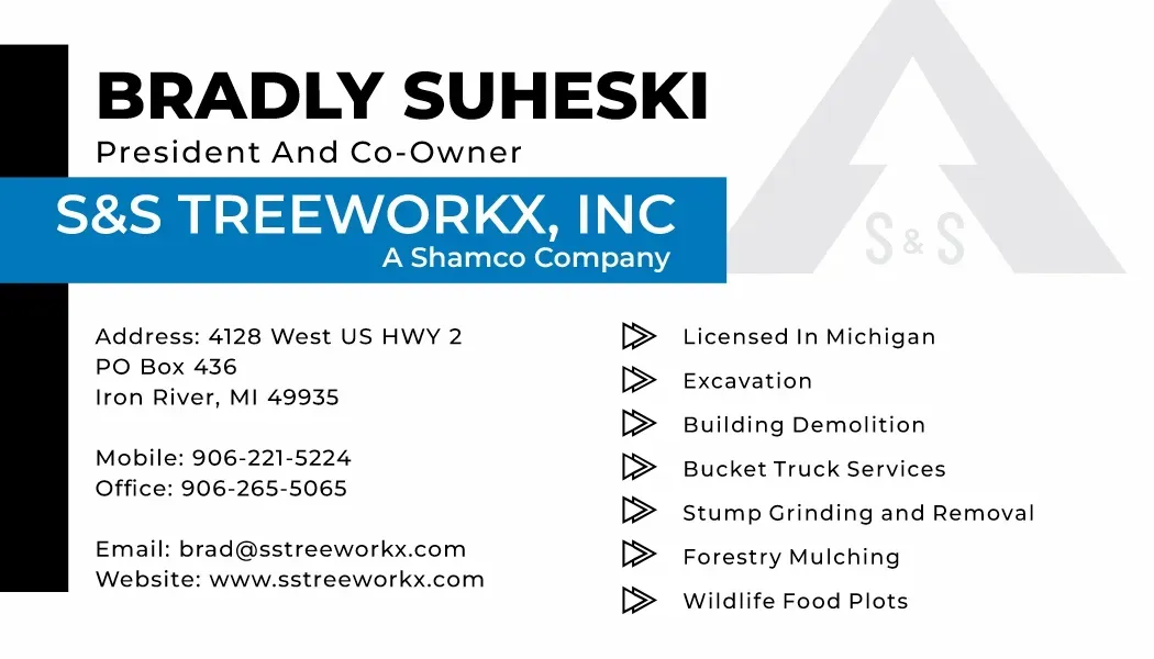 Business card for Bradly Suheski, President of S&S Treeworkx, Inc., listing contact info and tree services in Michigan.
