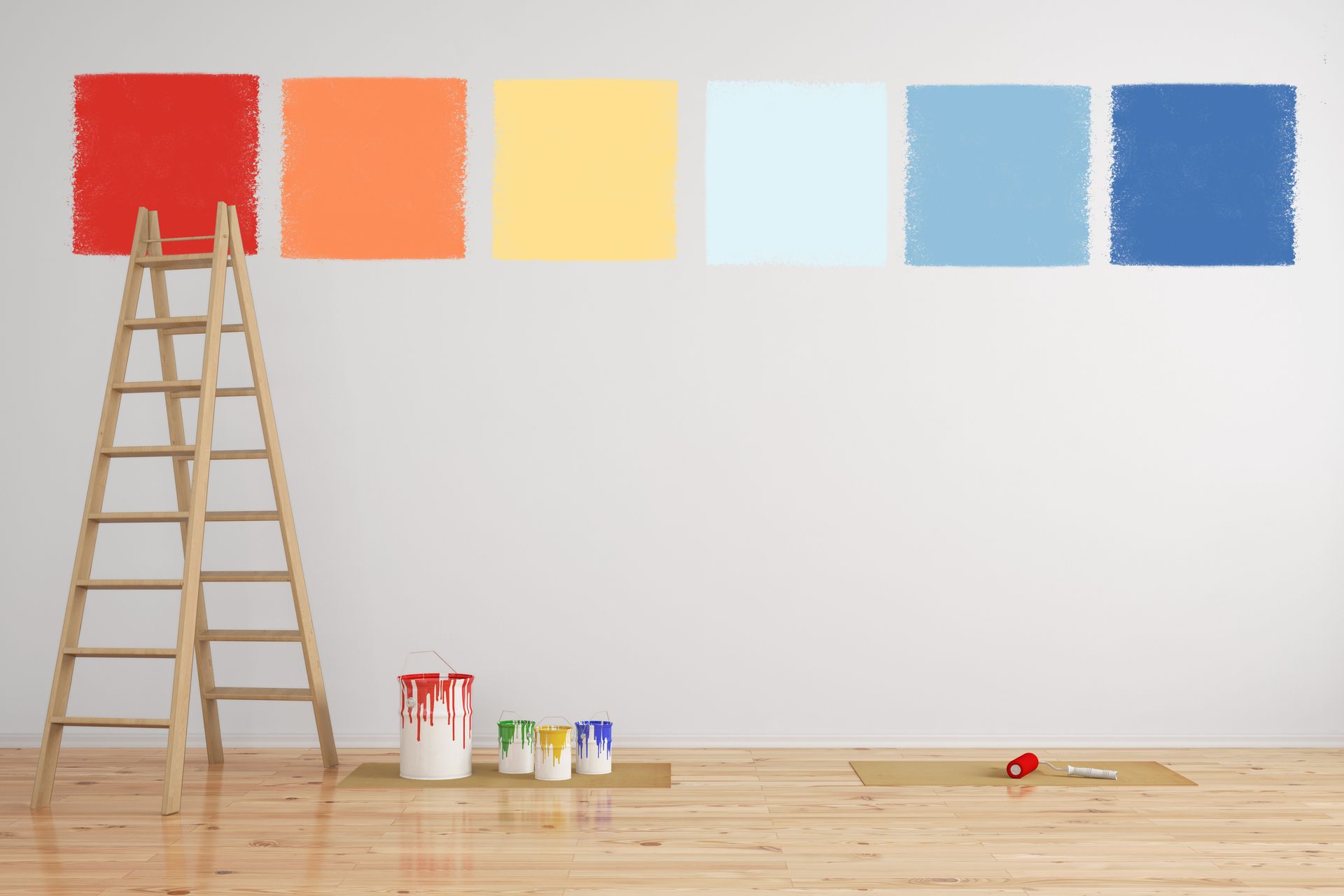 A wooden ladder is leaning against a wall next to buckets of paint.