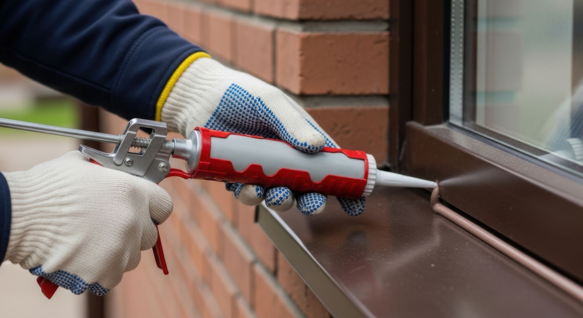Person wearing gloves applying sealant around a window with a caulk gun.
