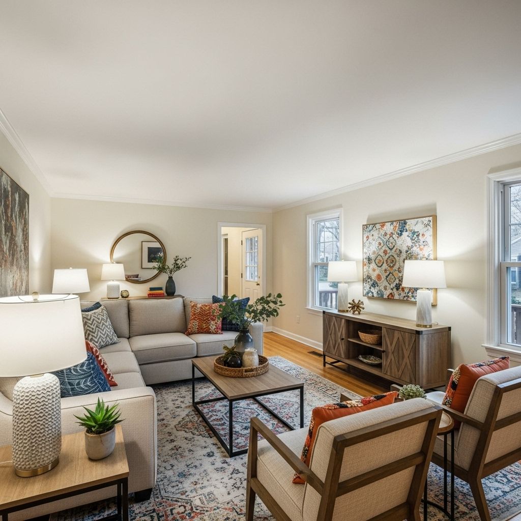 Living room with sectional sofa, rug, wooden furniture, and decorative accents.