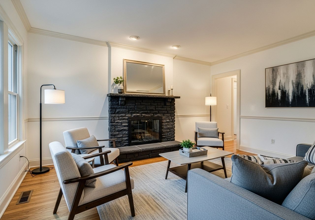Living room with fireplace, chairs, rug, and modern decor. Light walls, wood floors, and natural light.