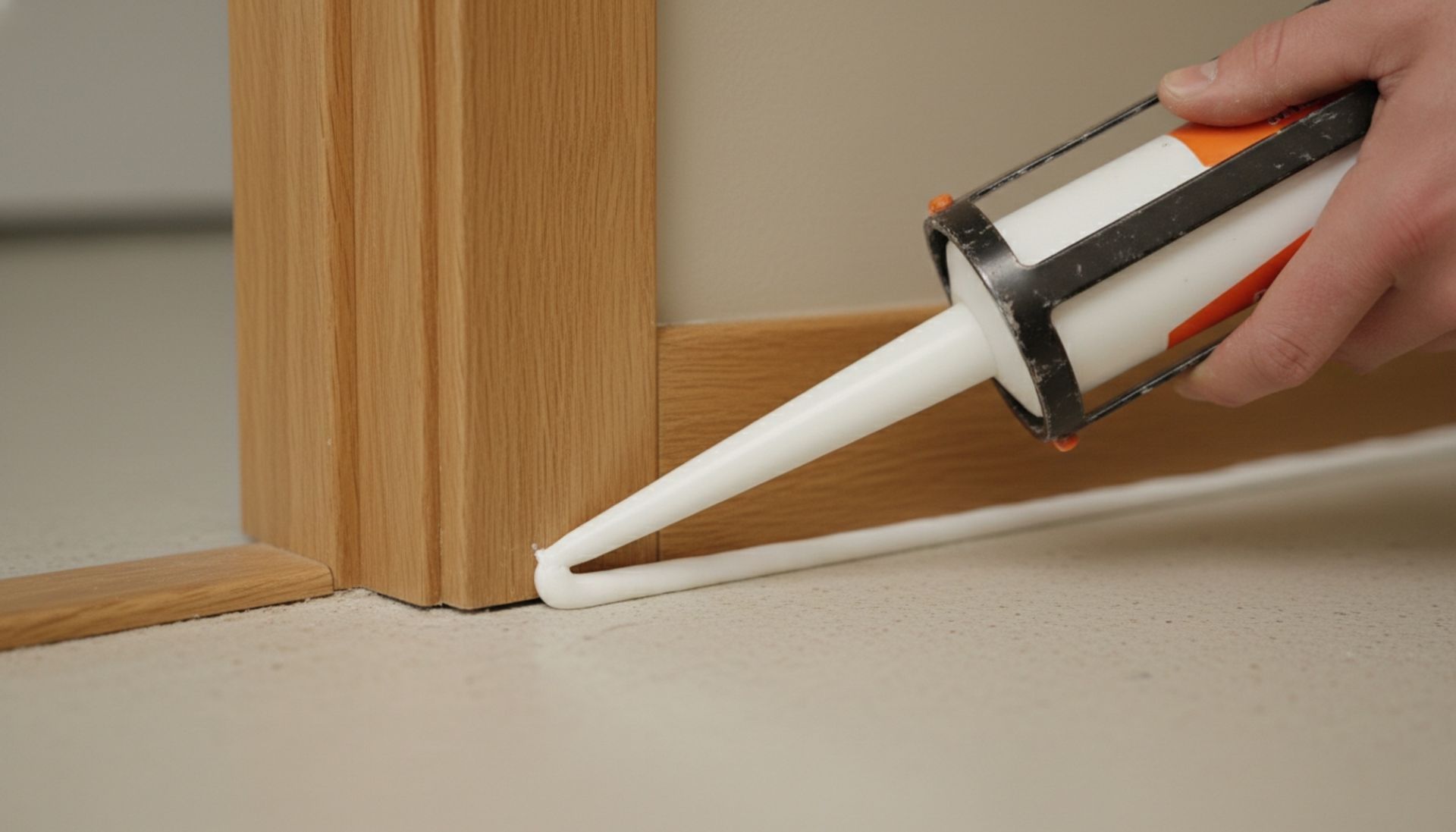 Hand applying white caulk along the base of a wooden door frame on a floor seam
