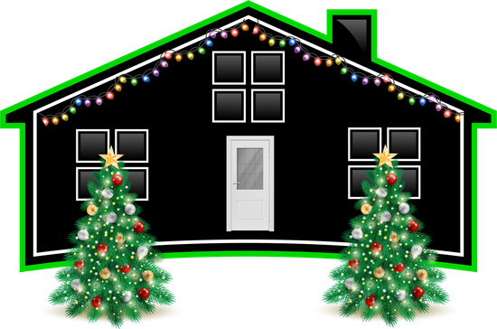 A black house with two christmas trees in front of it.