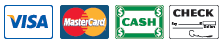 The logos for visa mastercard cash and check are shown