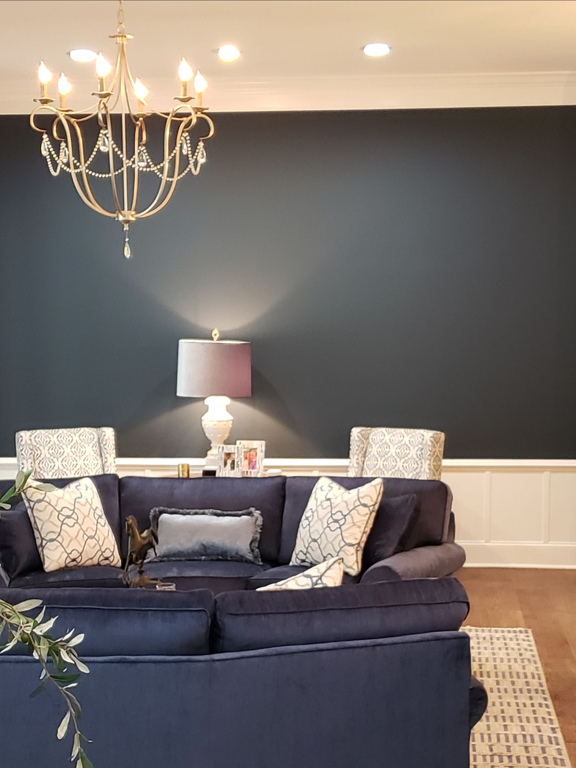 Beautiful living room with delicate chandelier and Navy Couch