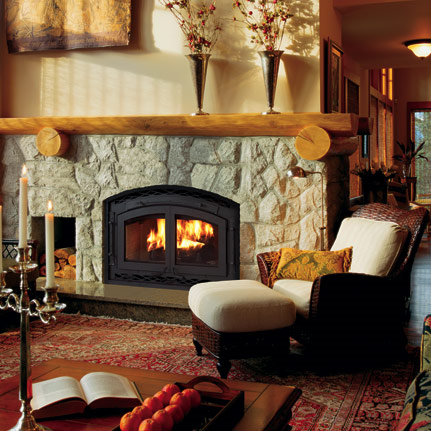 A living room with a fireplace and a chair