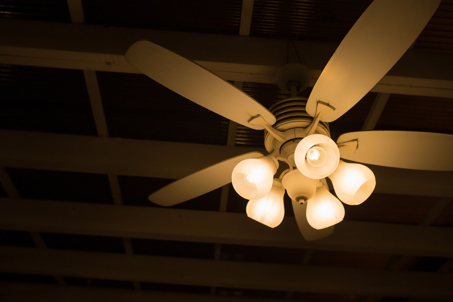A ceiling fan with lights hanging from it in a dark room
