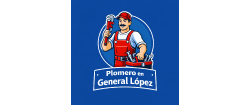 Un logotipo que muestra a un plomero sonriente con un mono rojo sosteniendo una llave de tubo y una caja de herramientas, con el texto "Plomero en General L&oacute;pez".