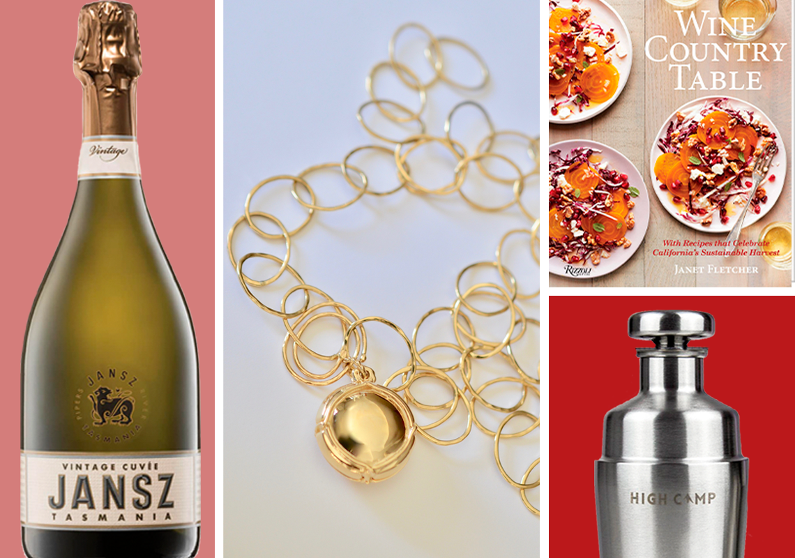 Collection of gift ideas: sparkling wine, gold necklace, cookbook, and cocktail shaker.