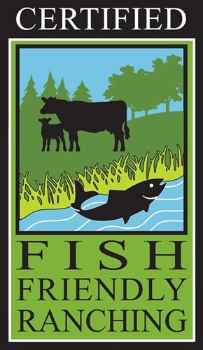 Fish Friendly Ranching certification logo: cows, stream with fish, trees.