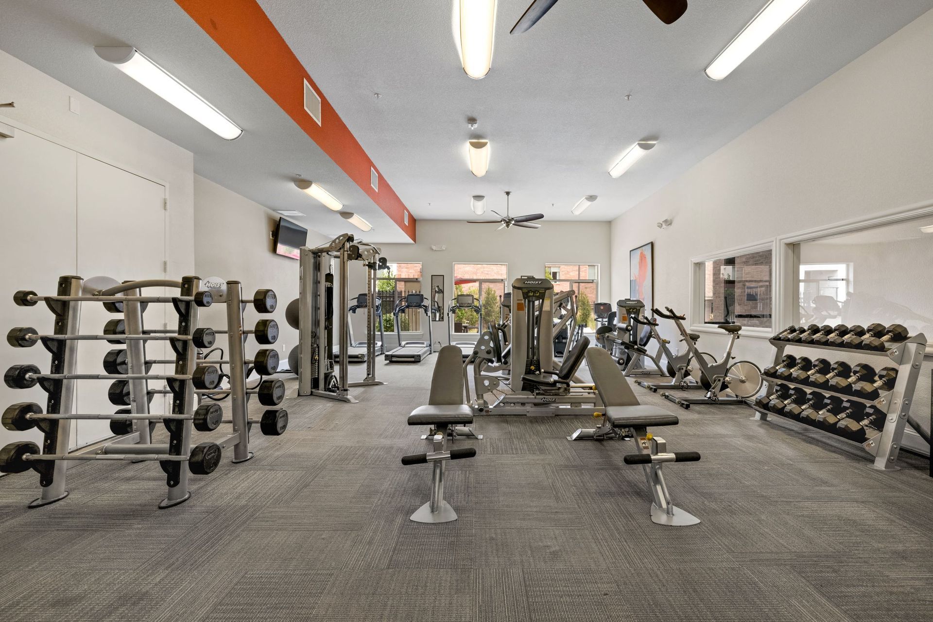 Well-lit community gym with treadmills, weight machines, free weights, and benches.