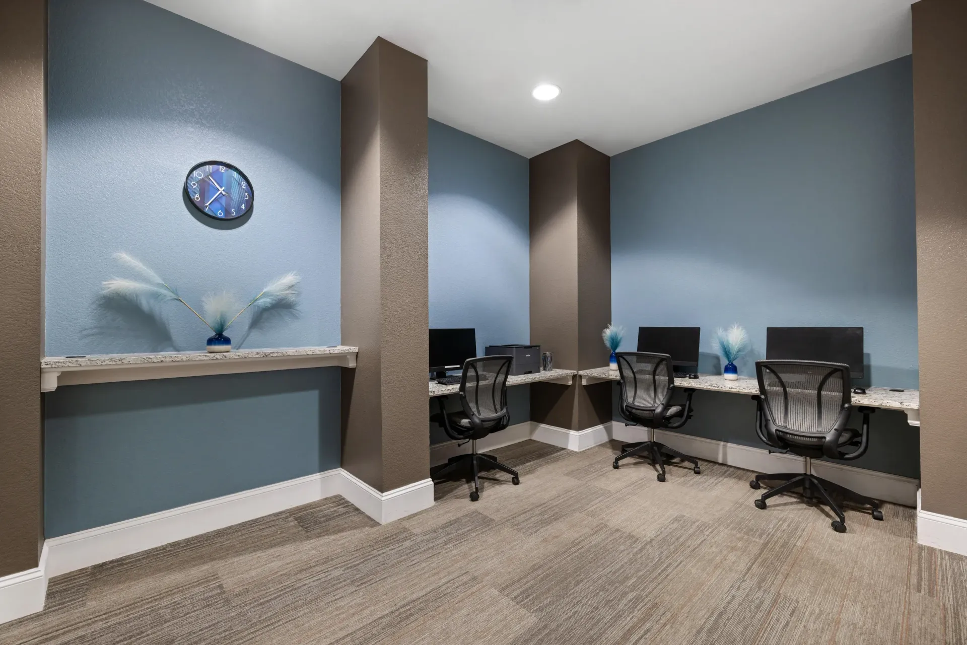Communal workspace with three desks, chairs, and computer monitors along blue and brown walls.