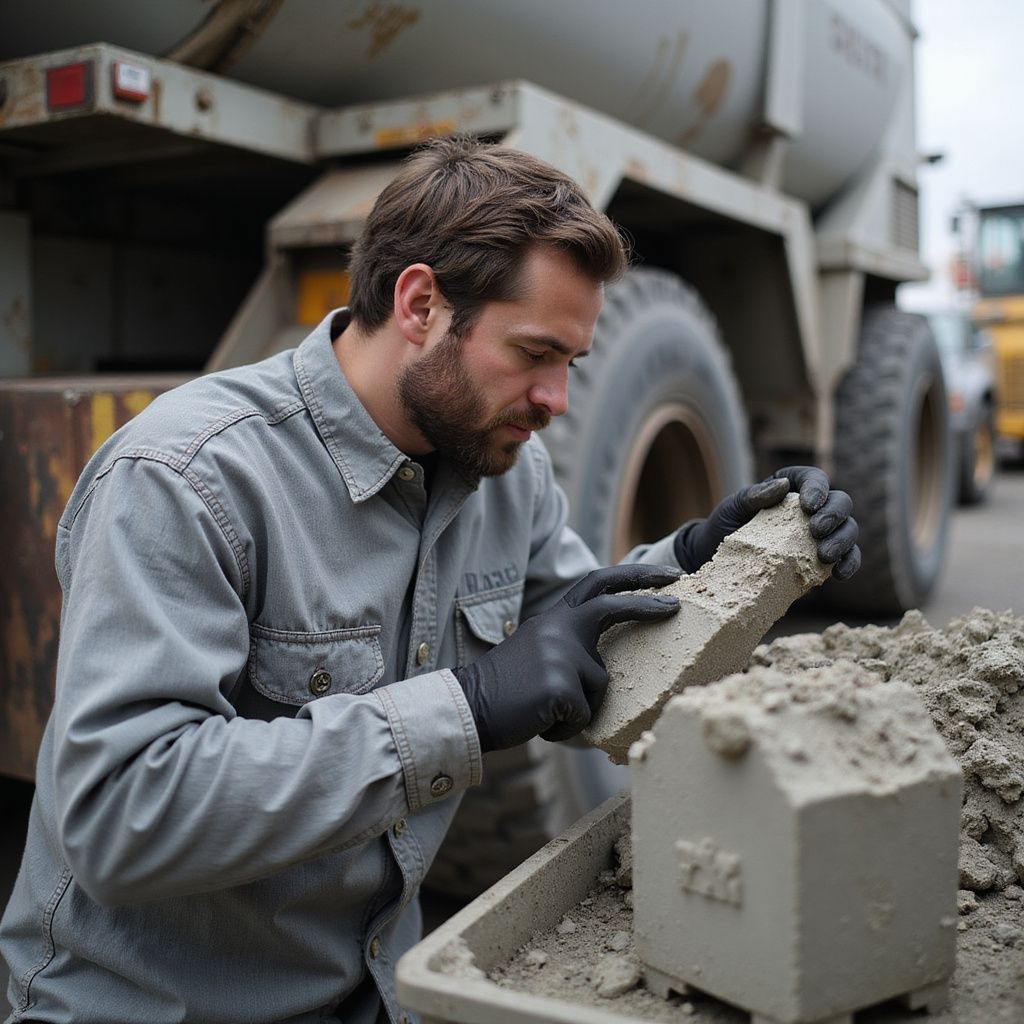 Man in work clothes examines a concrete block, black-gloved hands, construction site setting.