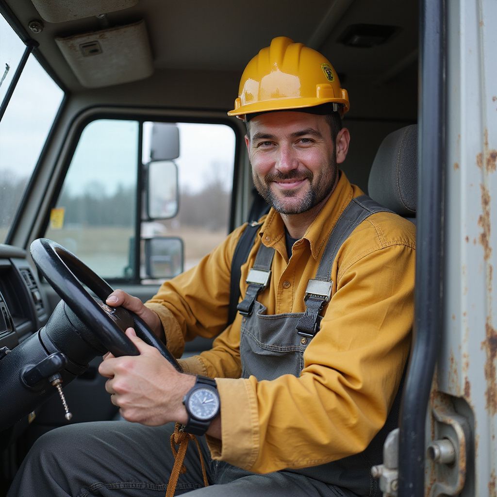 Man in yellow hard hat and coveralls, driving a truck, smiling at the camera.