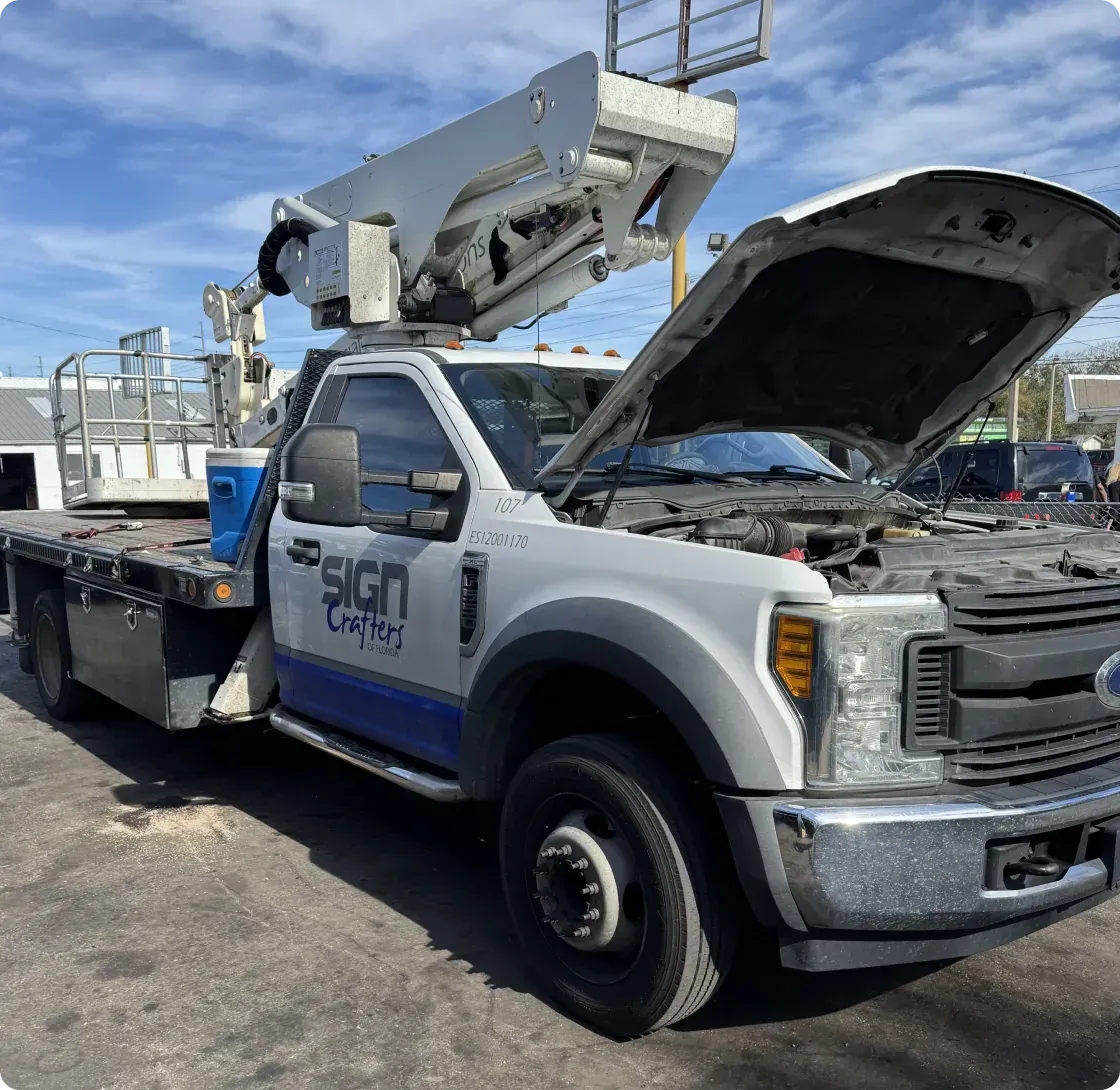 White Truck with Hood Up | DMR Diesel Repair, Inc