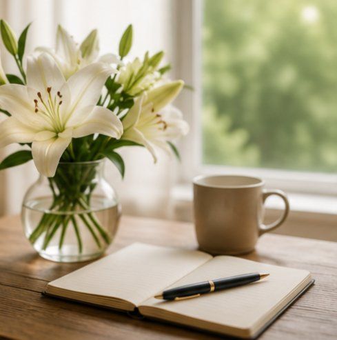 White lilies, a notebook, and a coffee cup in a peaceful setting, representing thoughtful funeral
