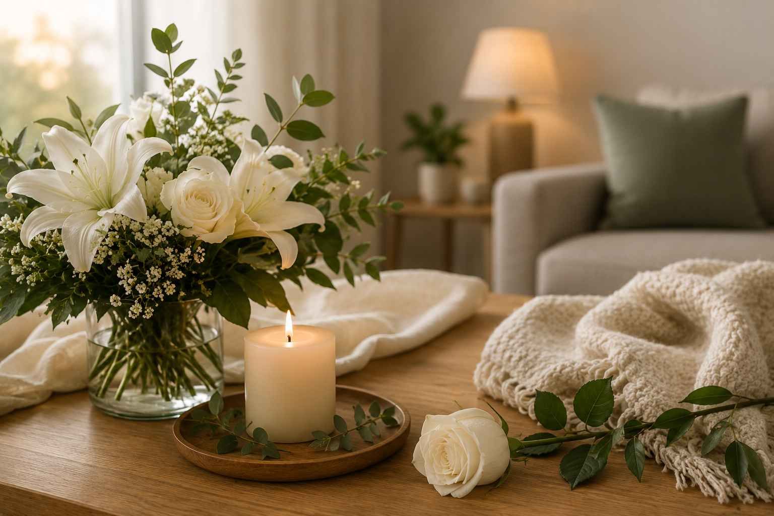 White lilies, roses, and a memorial candle in a comforting home setting, offering peace 