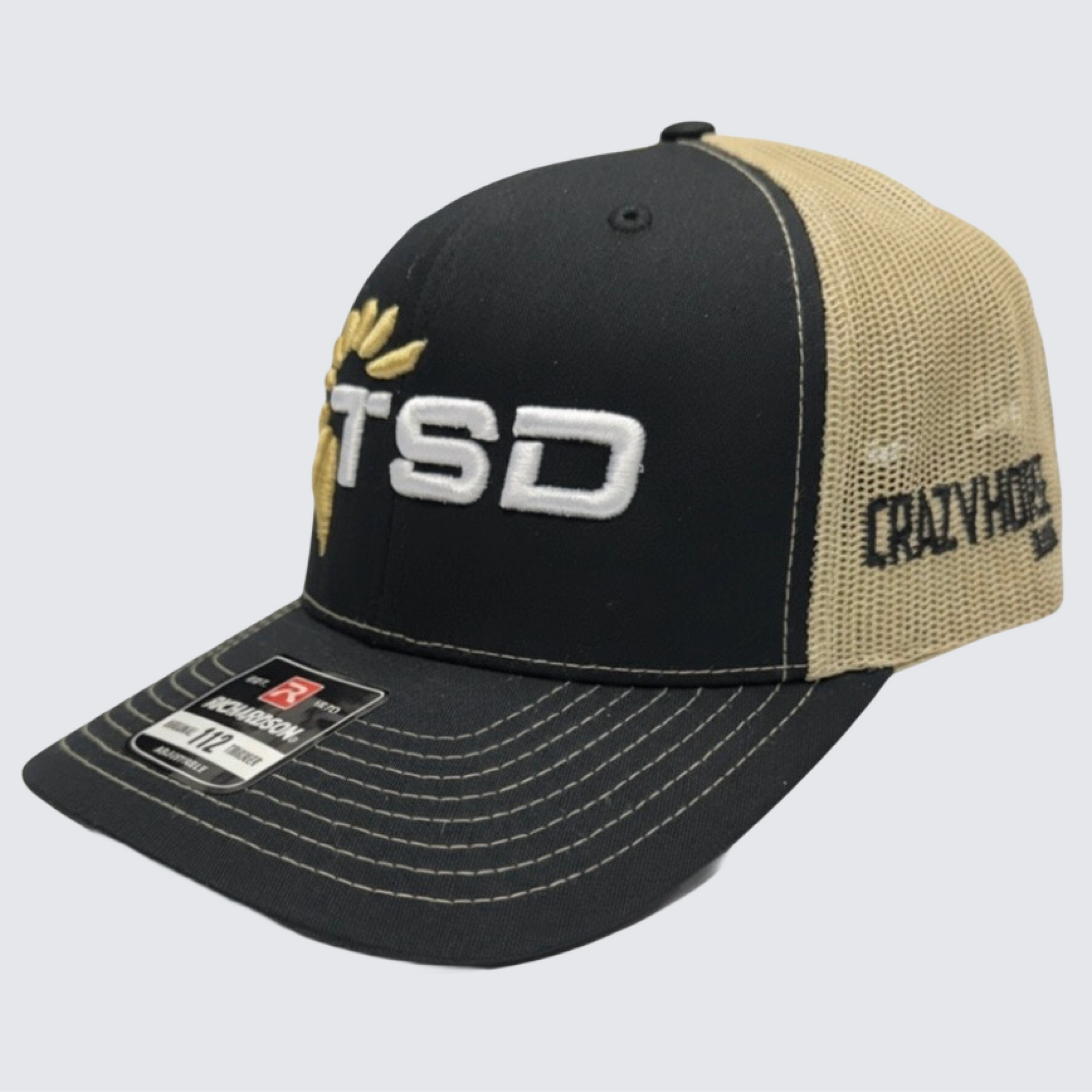 Crazyhorse Trucker Hat - Black and tan mesh baseball cap with white “TSD” logo and “Crazyhorse” text on the side
